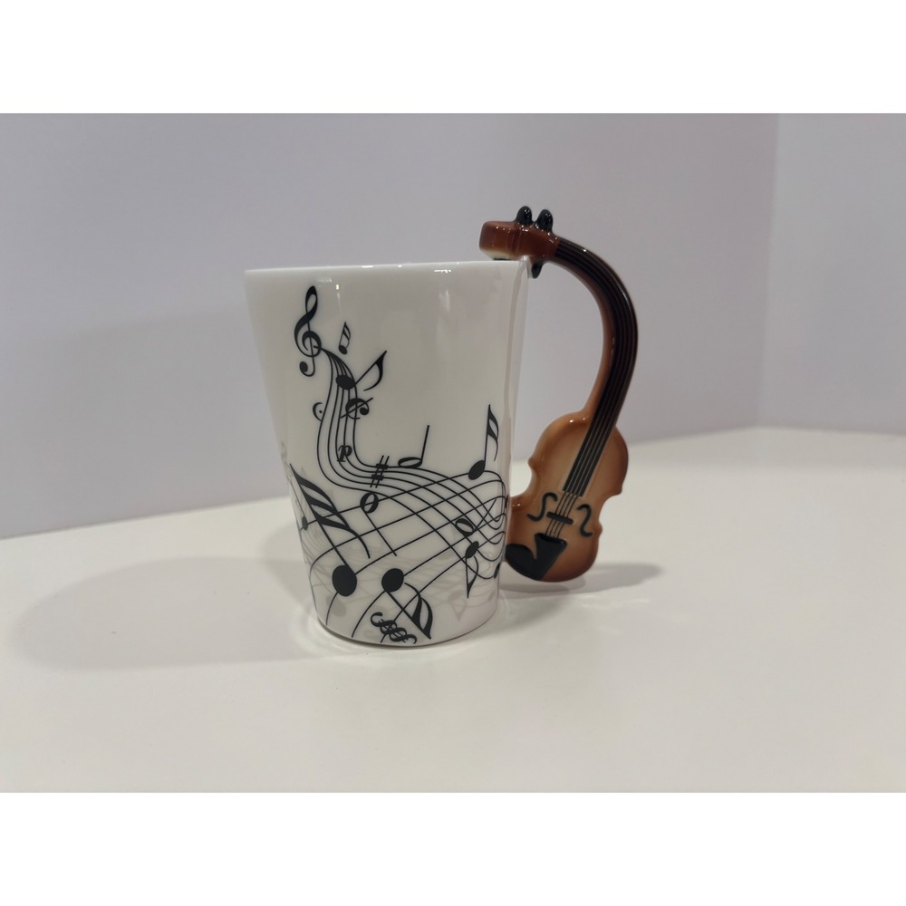 Violin Handle Musical Note Ceramic Coffee Mug White Brown Music Teacher Gift